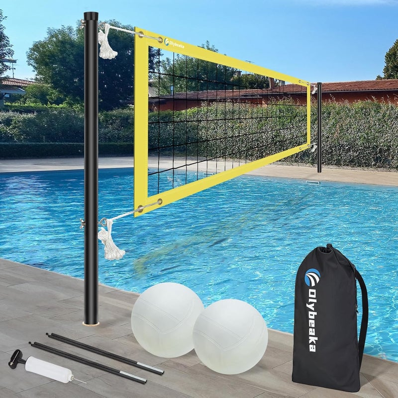 Olybeaka Base Free Swimming Pool Volleyball Net Set for Above Ground/Inground Pools with 3-Height Adjustable Aluminium Poles, Durable Anti-Sagging Net, 2 Water Volleyballs and Carry Bag - Image 1